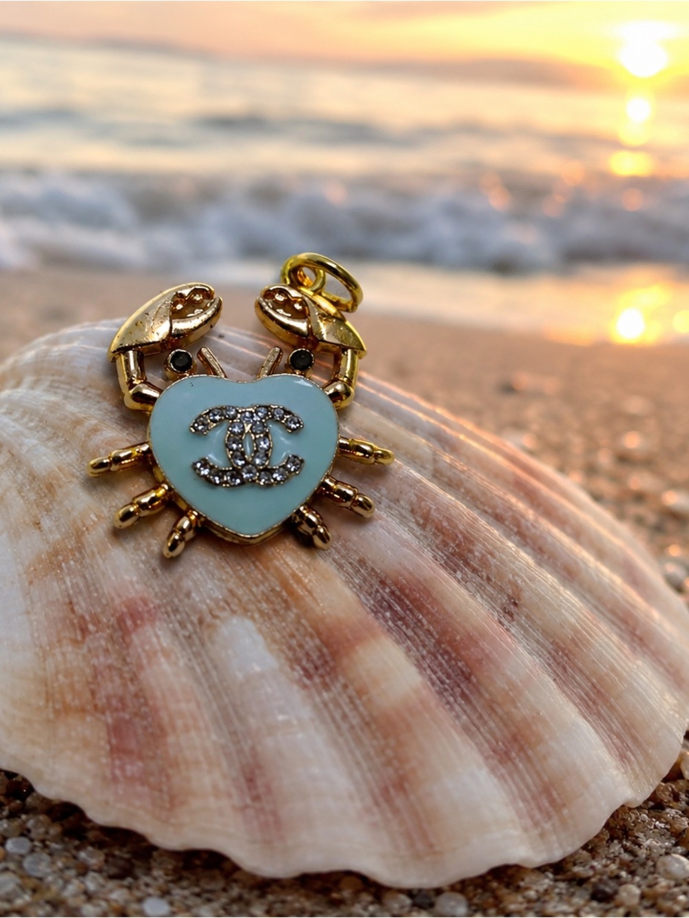 Chanel stamped Gold and blue Crab Pendant/ charm/ zipper pull - New